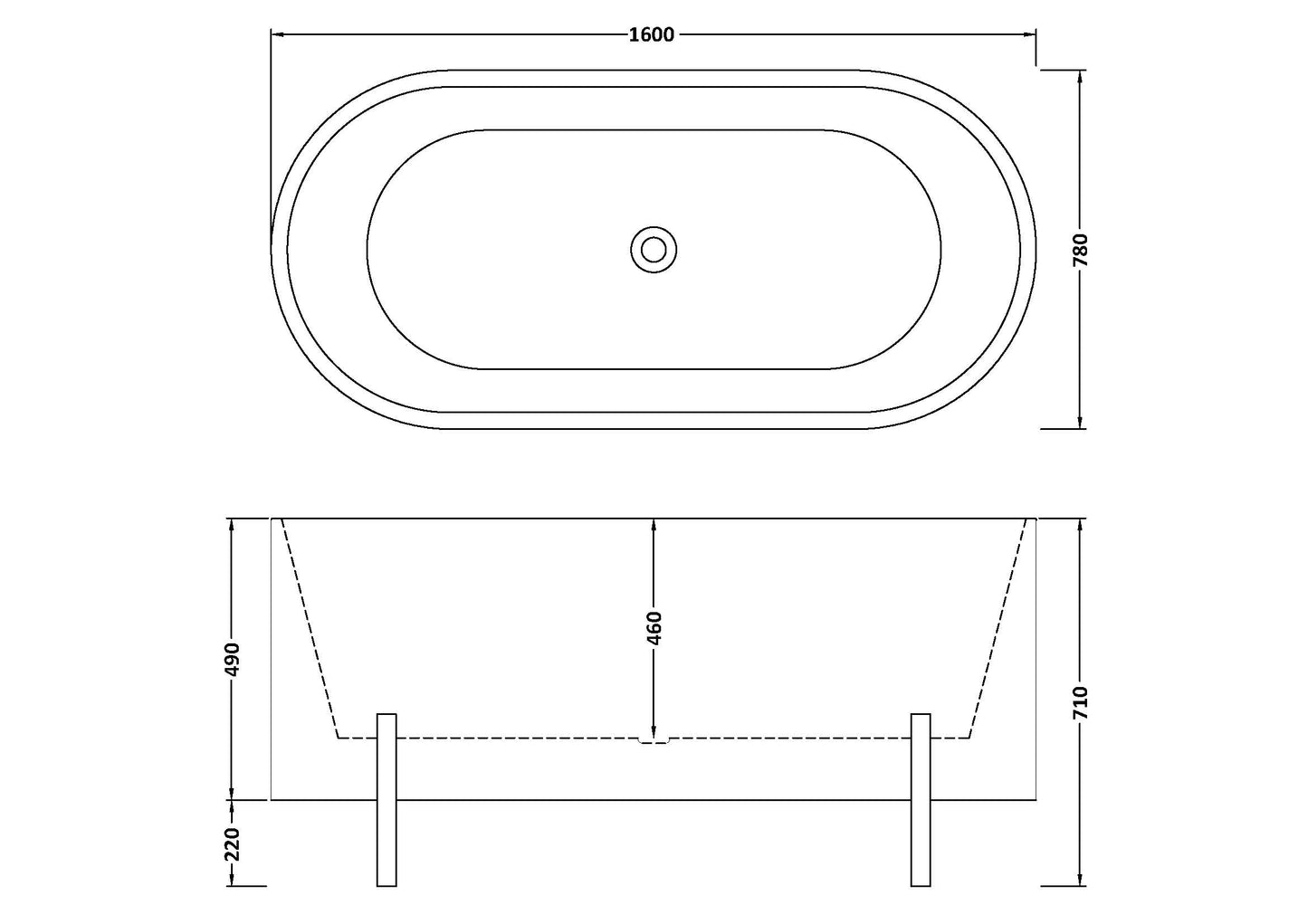Technical drawing of a freestanding acrylic bath with dimensions and waste position.