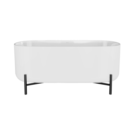 A freestanding white acrylic bath with an elevated stand.