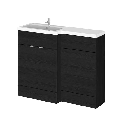 Charcoal black floor standing 2 door vanity unit with a white countertop, basin,and chrome tap.