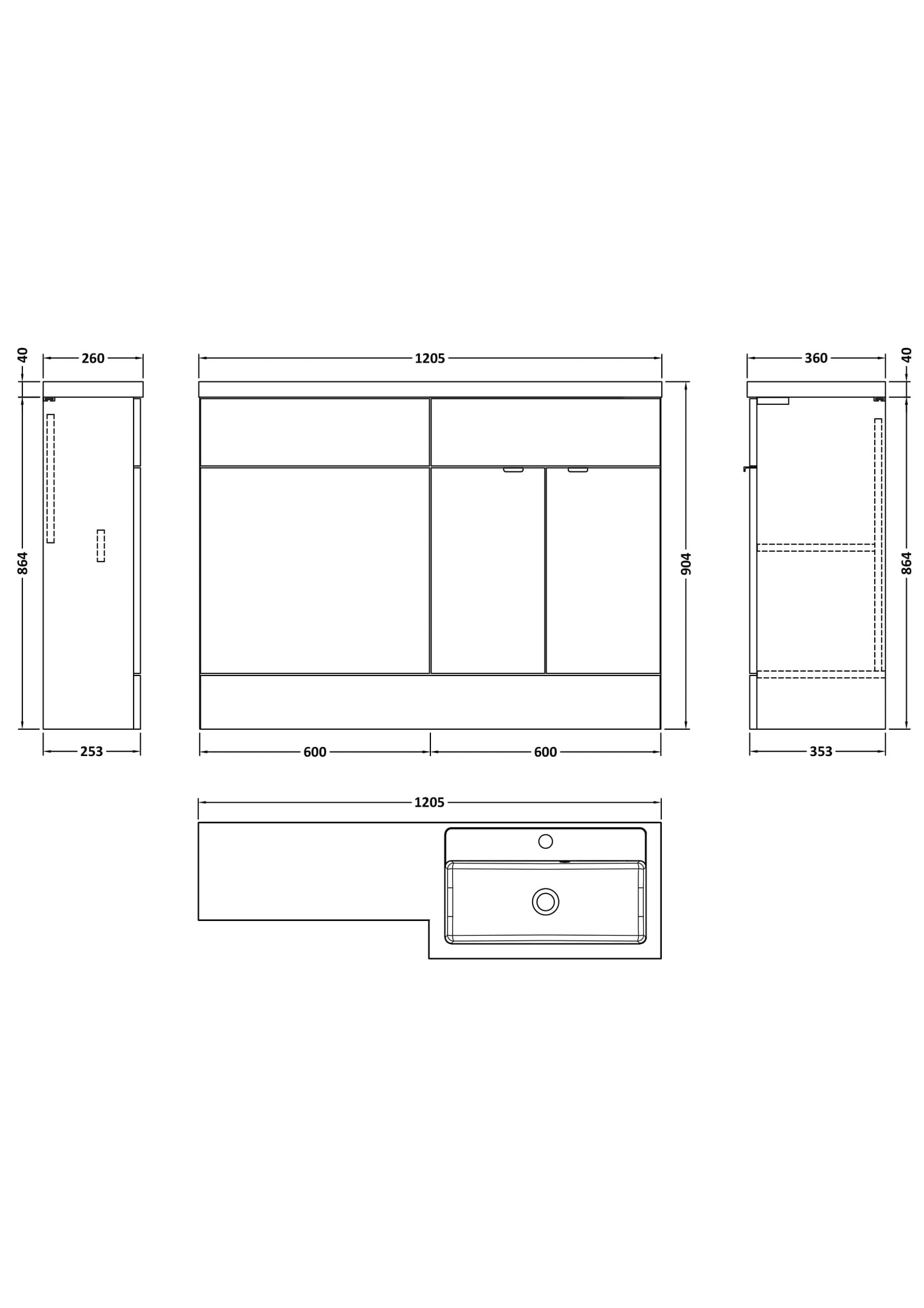 Plan showing measurements of a combination bathroom furniture, showing measurements for height, width and depth.