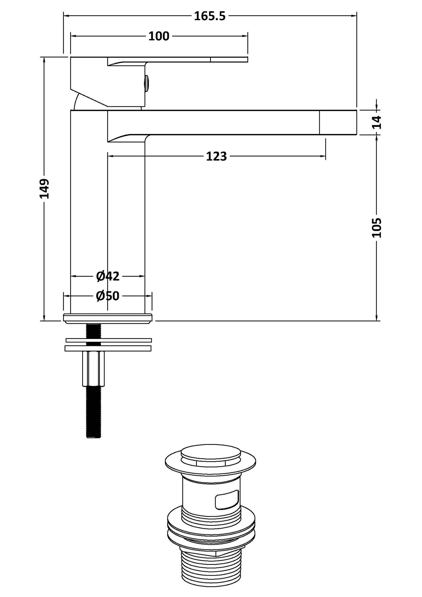 Plan showing measurements of a tap in height, with and depth. Also shows waste assembly.