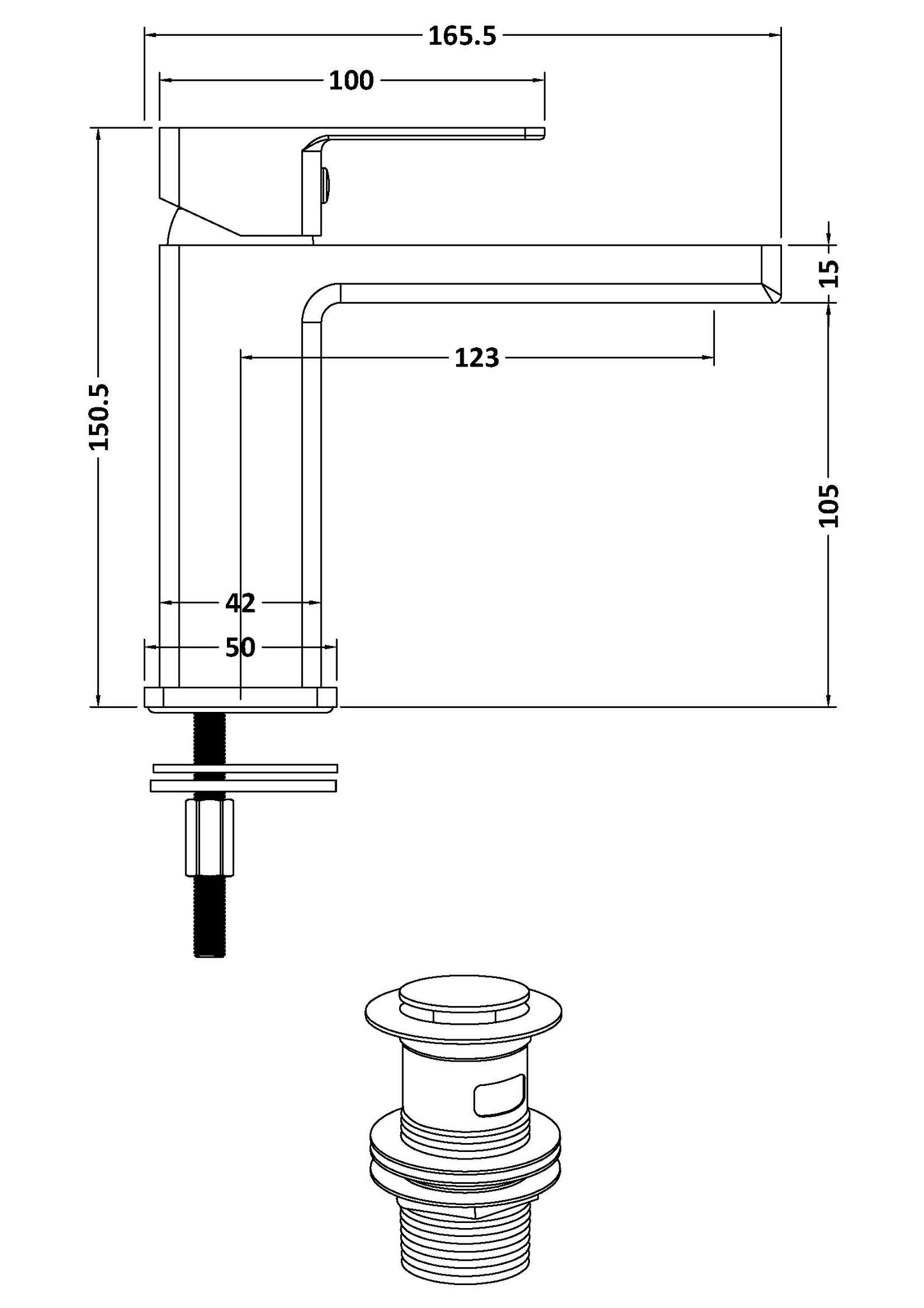 Plan showing measurements of a tap in height, with and depth. Also shows waste assembly.