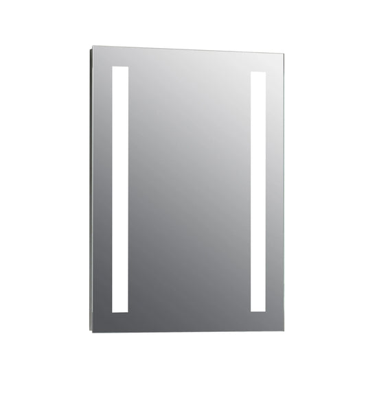 Rectangular mirror with two vertical LED strips on a white background.