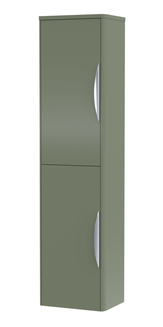A tall green wall-hung bathroom storage unit with soft-close doors.