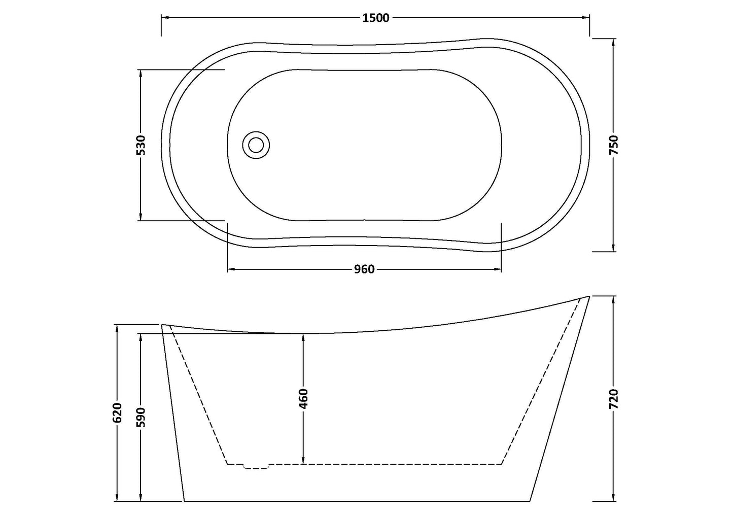 Technical drawing showing dimensions of a slipper bathtub, waste and overflow position and dimensions for height, width and depth are shown.