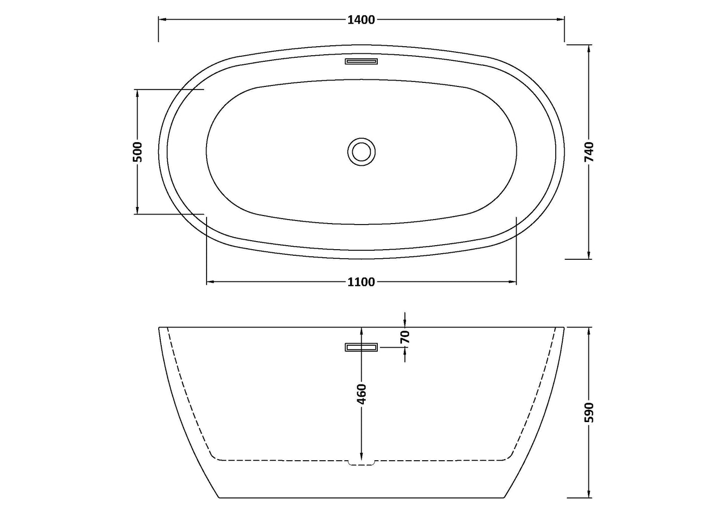 Technical drawing showing dimensions of an oval double ended bathtub, waste and overflow position and dimensions for height, width and depth are shown.
