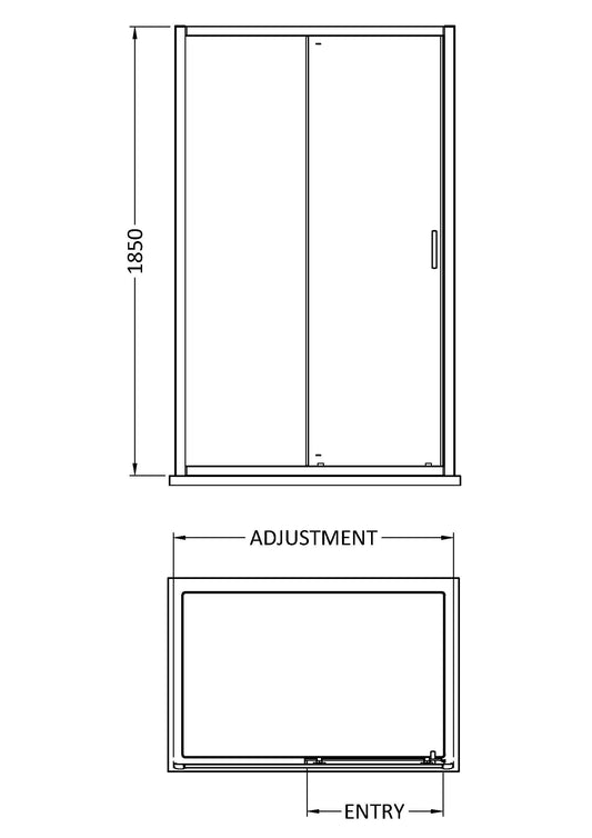 Technical drawing showing the dimensions and assembly of a matt black sliding door shower enclosure.