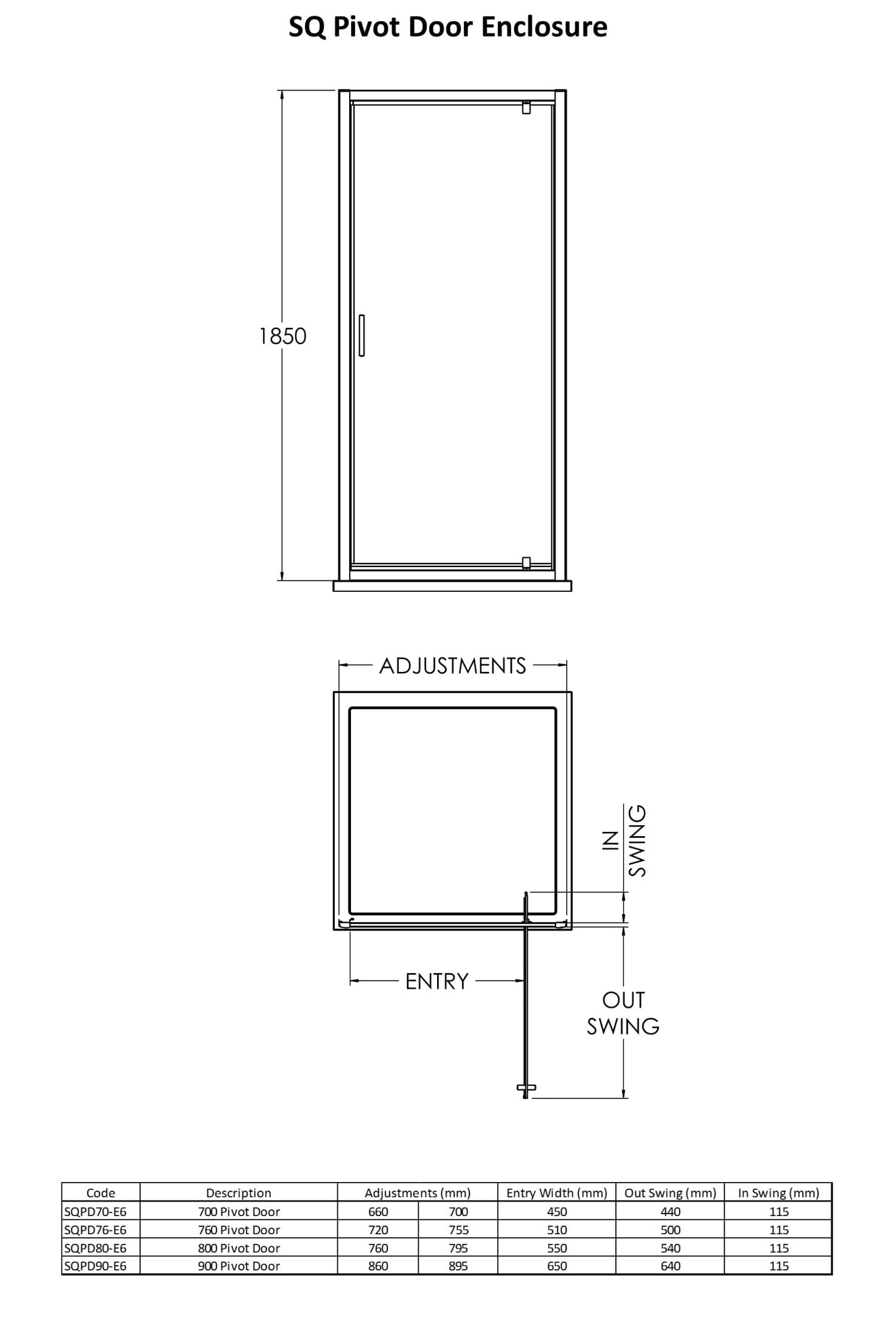 Technical drawing showing pivot door elcnlosure dimensions for height, depth and width. Shows door opening position.