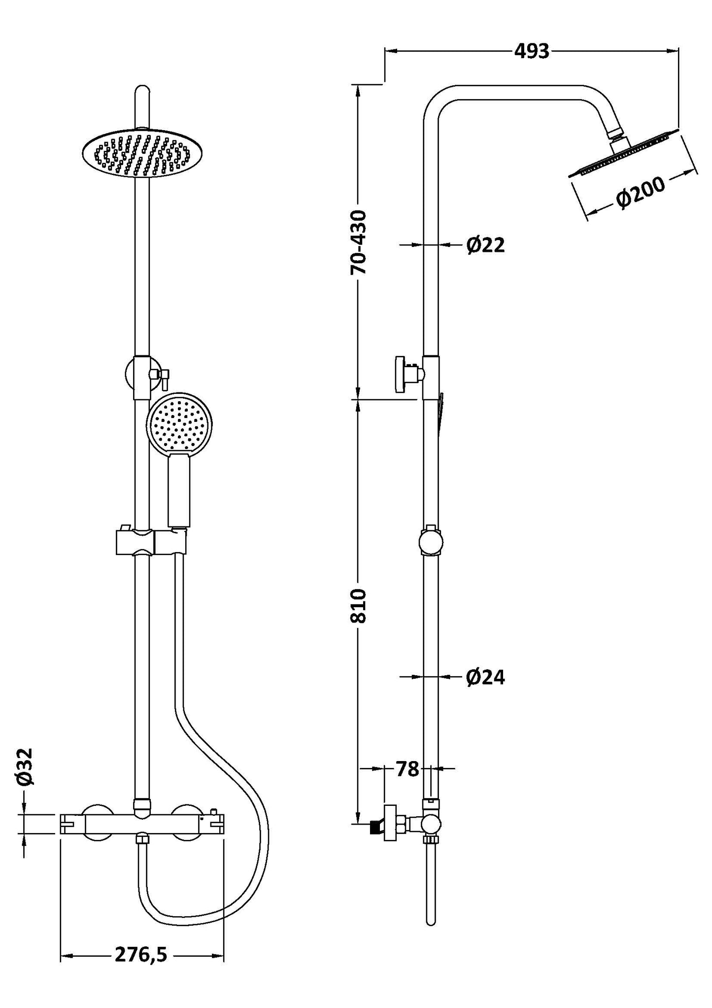 Technical drawing showing dimensions of a round exposed valve overhead shower and hand attachment, dimensions for height, width and depth are shown.