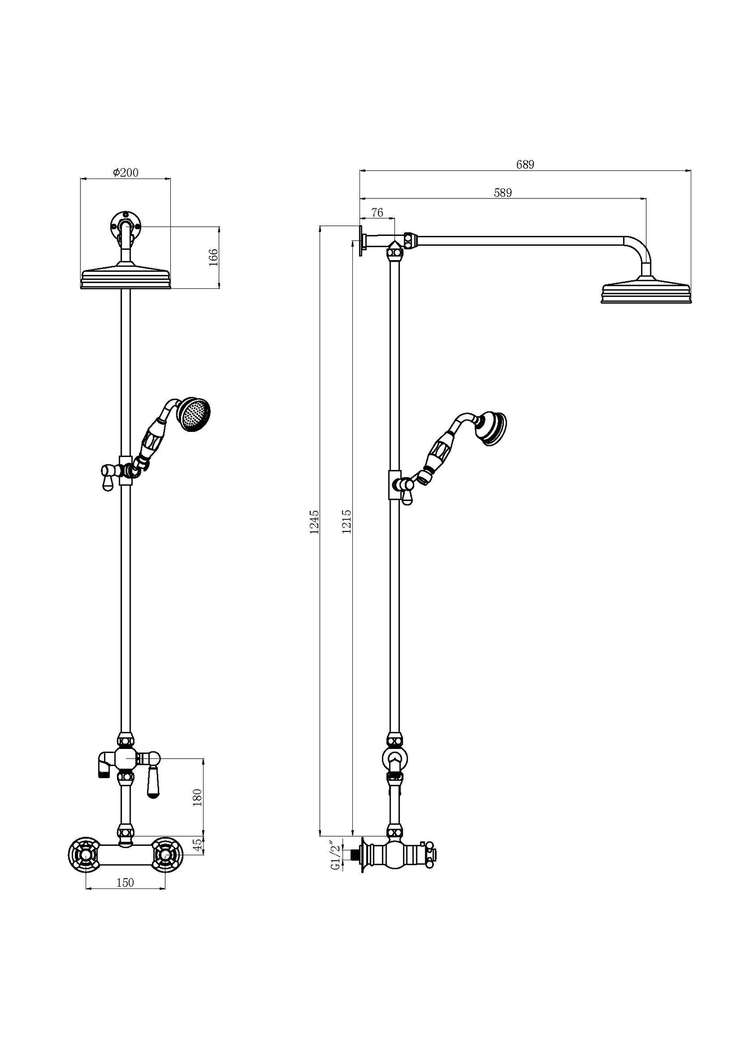 Technical drawing showing dimensions of a round exposed valve overhead shower and hand attachment, dimensions for height, width and depth are shown.