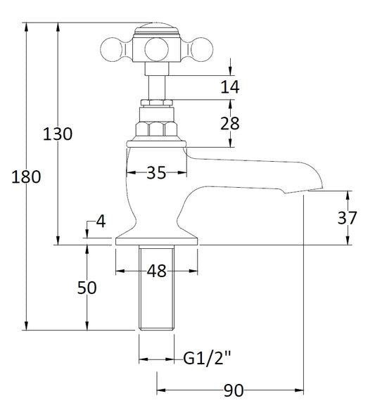 Technical drawing of a faucet with dimensions labeled