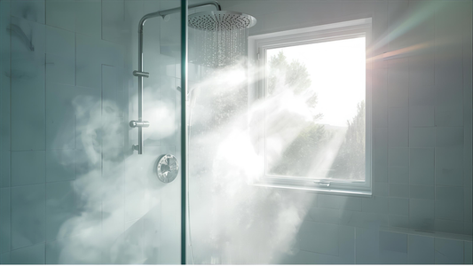 Image shows a shower enclosure in a blue tiled bathroom with hot water and steam filling the air. The shun shines a glimmering ray of light into the room.