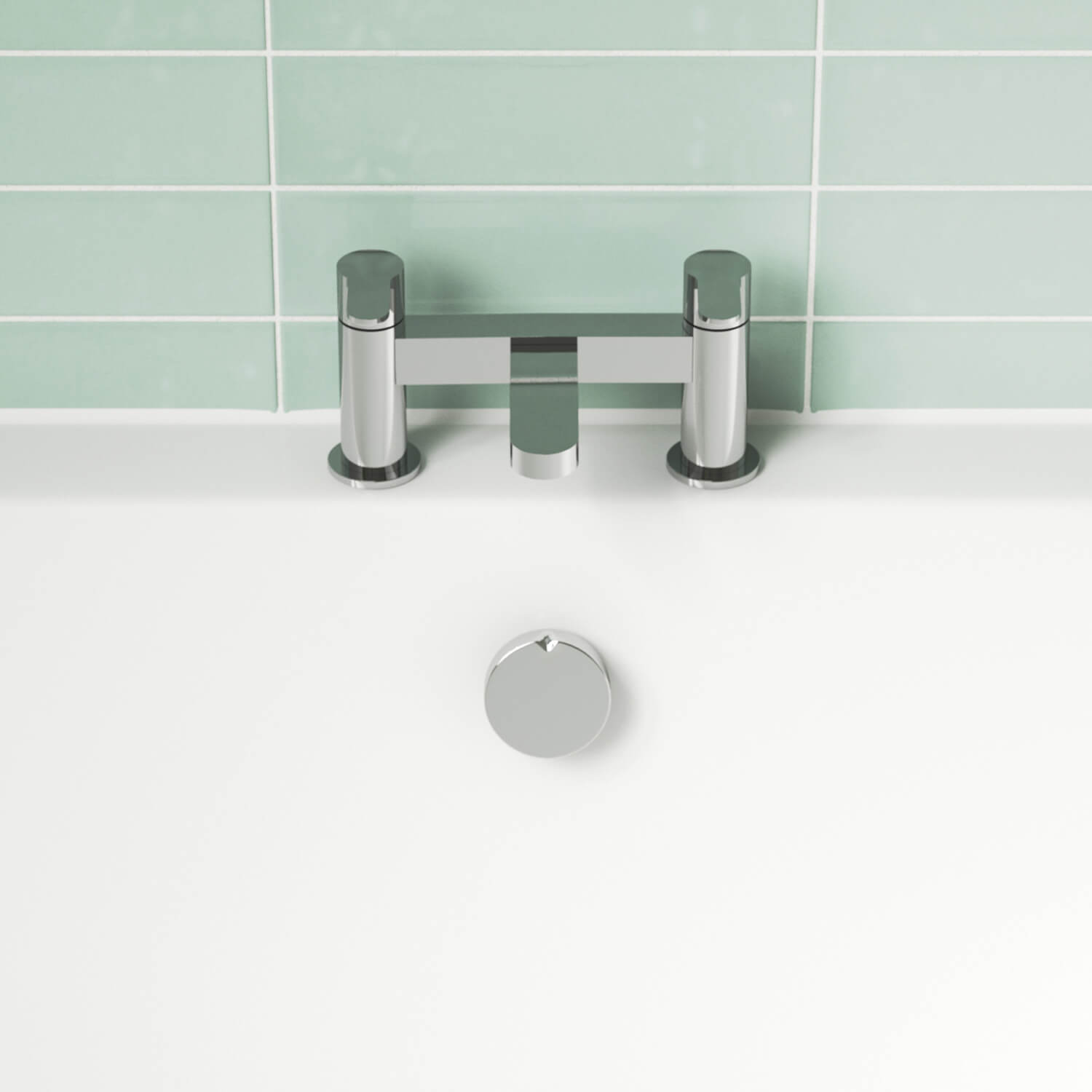 Image shows a chrome bath mixer tap mounted on a white acrylic bath, with a chrome overflow cover.