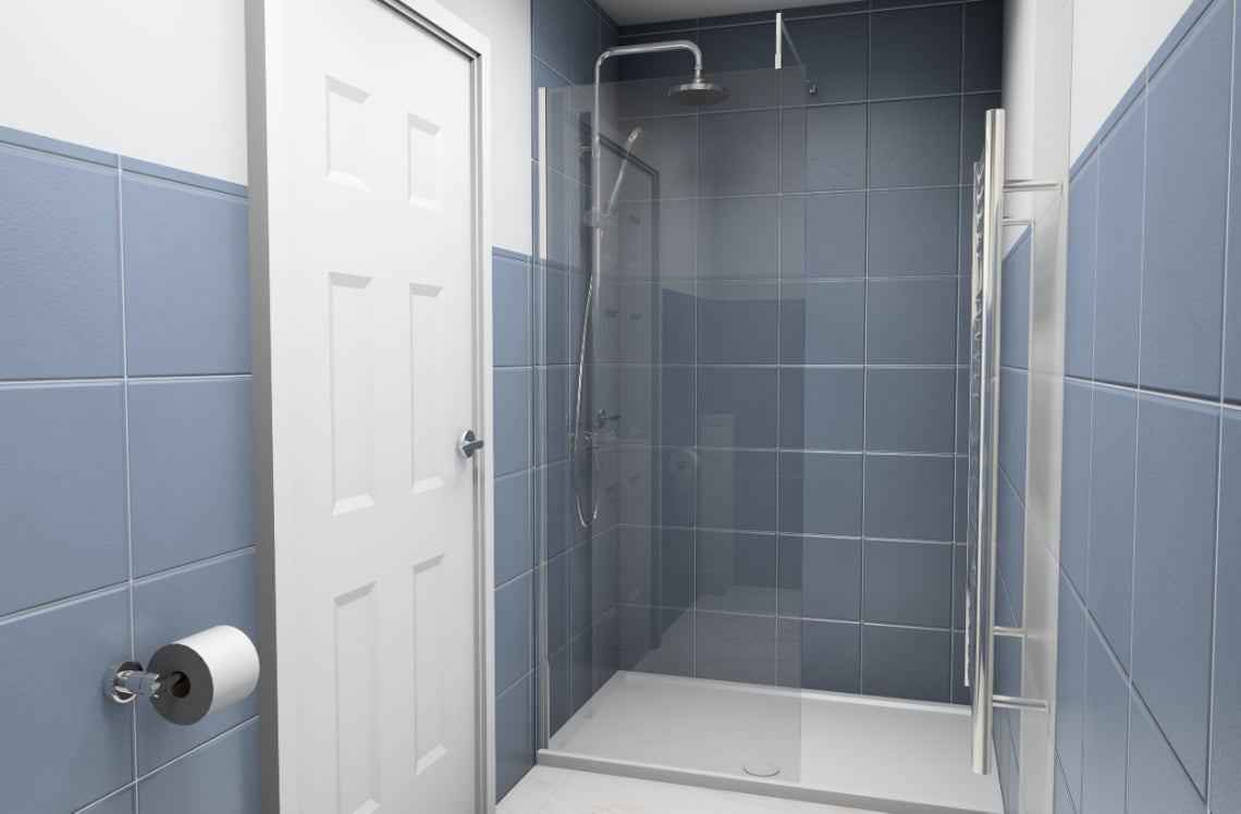 Modern bathroom with chrome overhead shower, shower enclosure  and blue square tiled walls