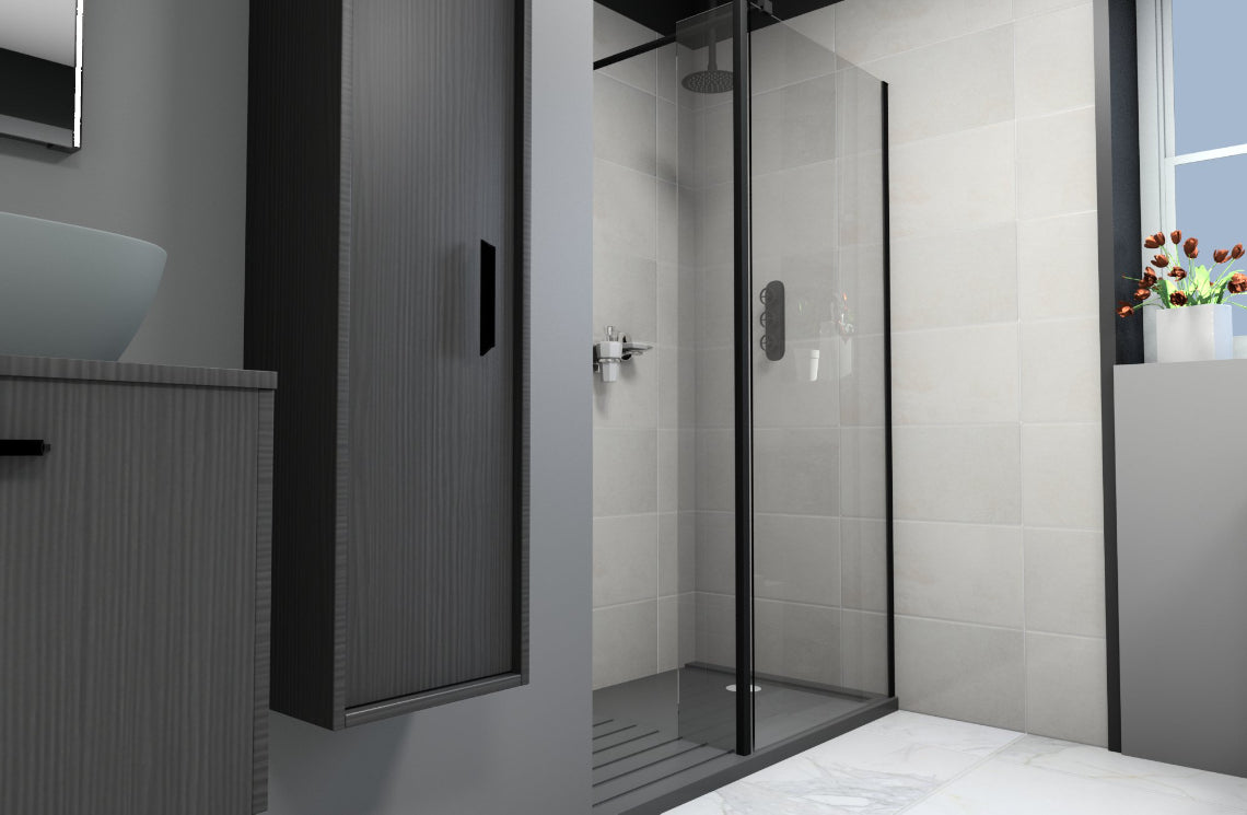 Modern bathroom with shower enclosure and gray wall cabinets