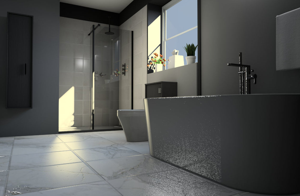 Modern bathroom with a white freestanding bathtub, black shower, and enclosure. A tall black cabinetin the background.