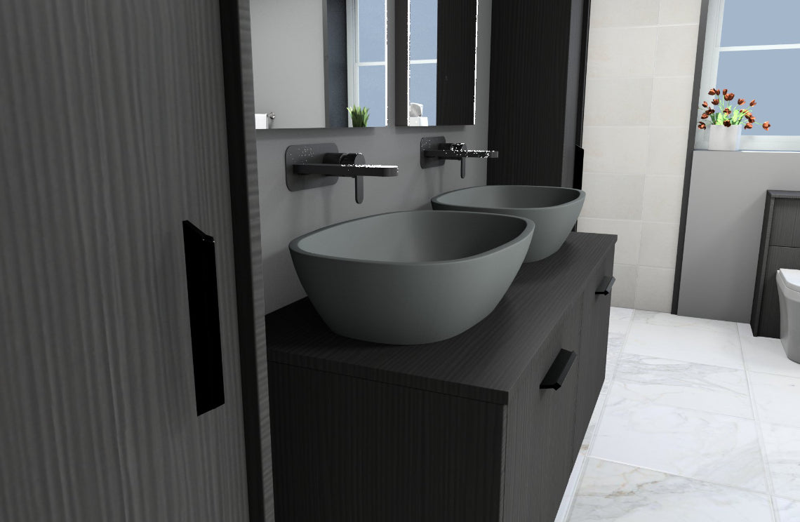 Bathroom with two gray sinks on a black vanity, large mirror, and white tiled walls.