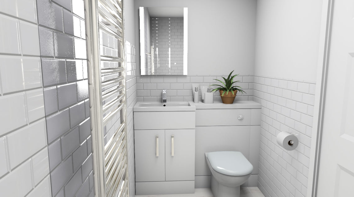 Modern bathroom with white tiles, a sink, and toilet.