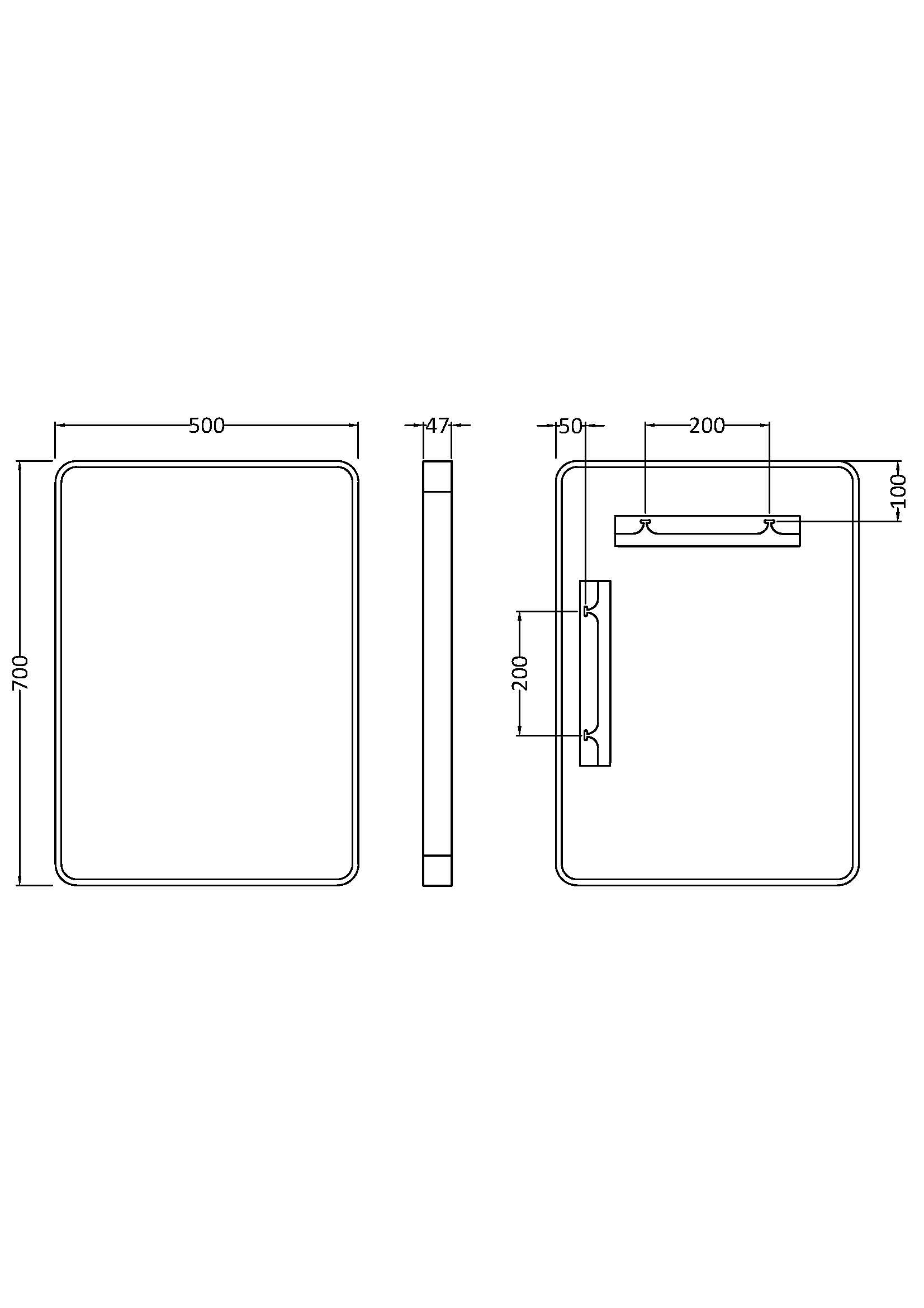 Plan of mirror featuring measurements of height, width and depth