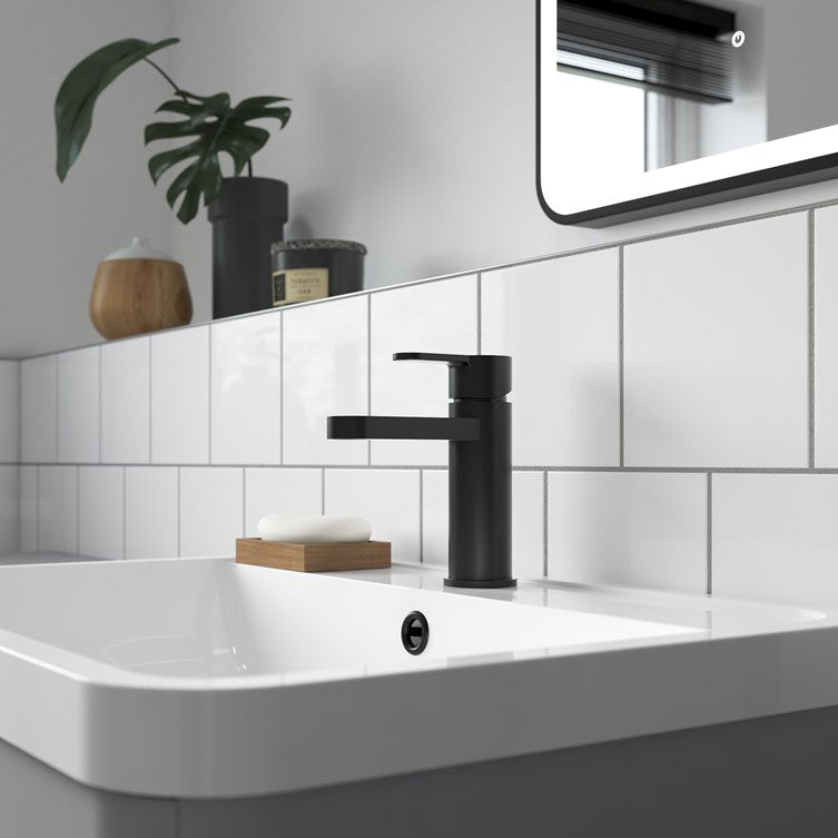 Arvan matt black mono basin tap white tiles