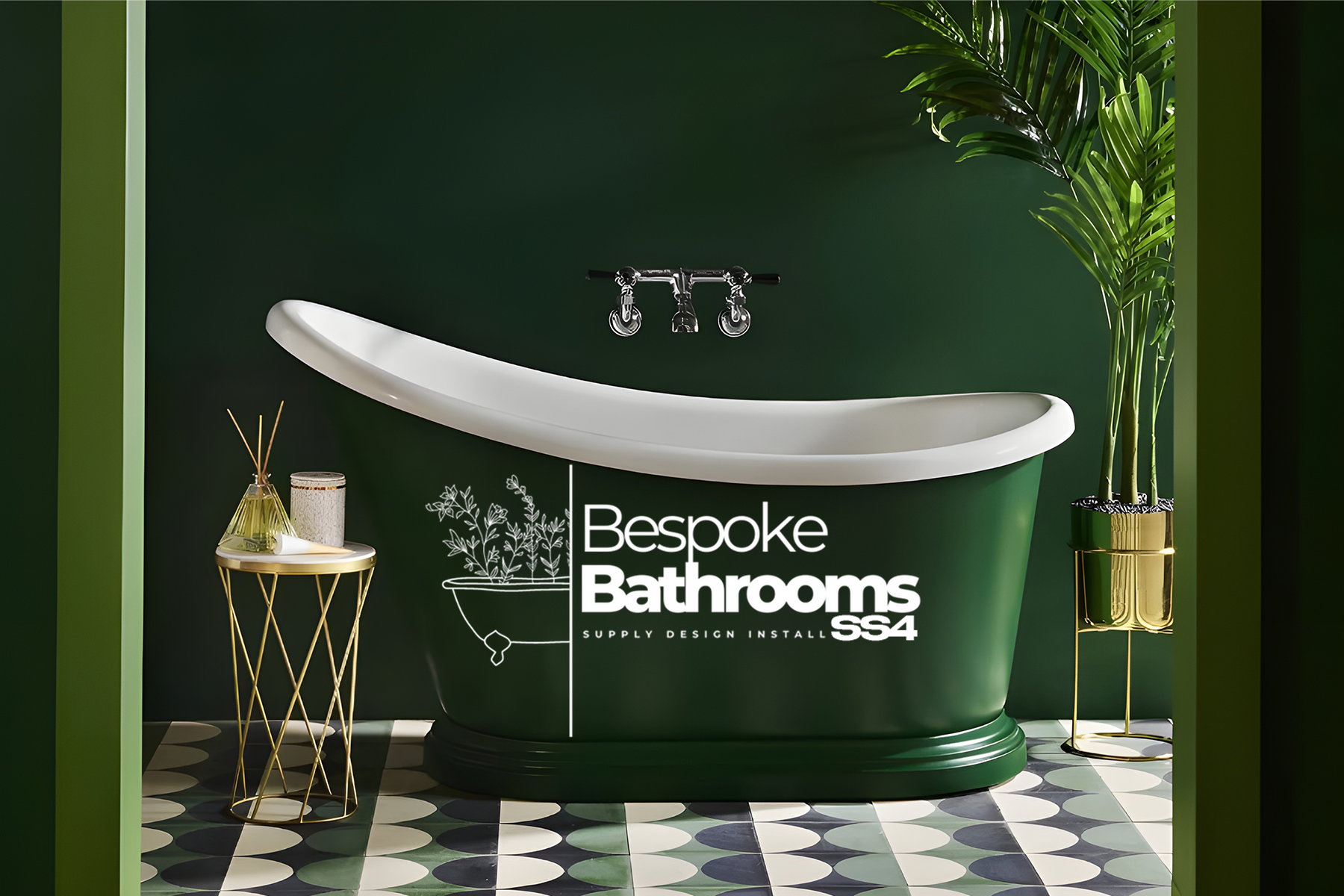 Green roll top slipper bath tub in deep green bathroom featuring indoor plants and chrome wall mounted bath taps. Image shows Bespoke Bathrooms Logo on the green bath tub.