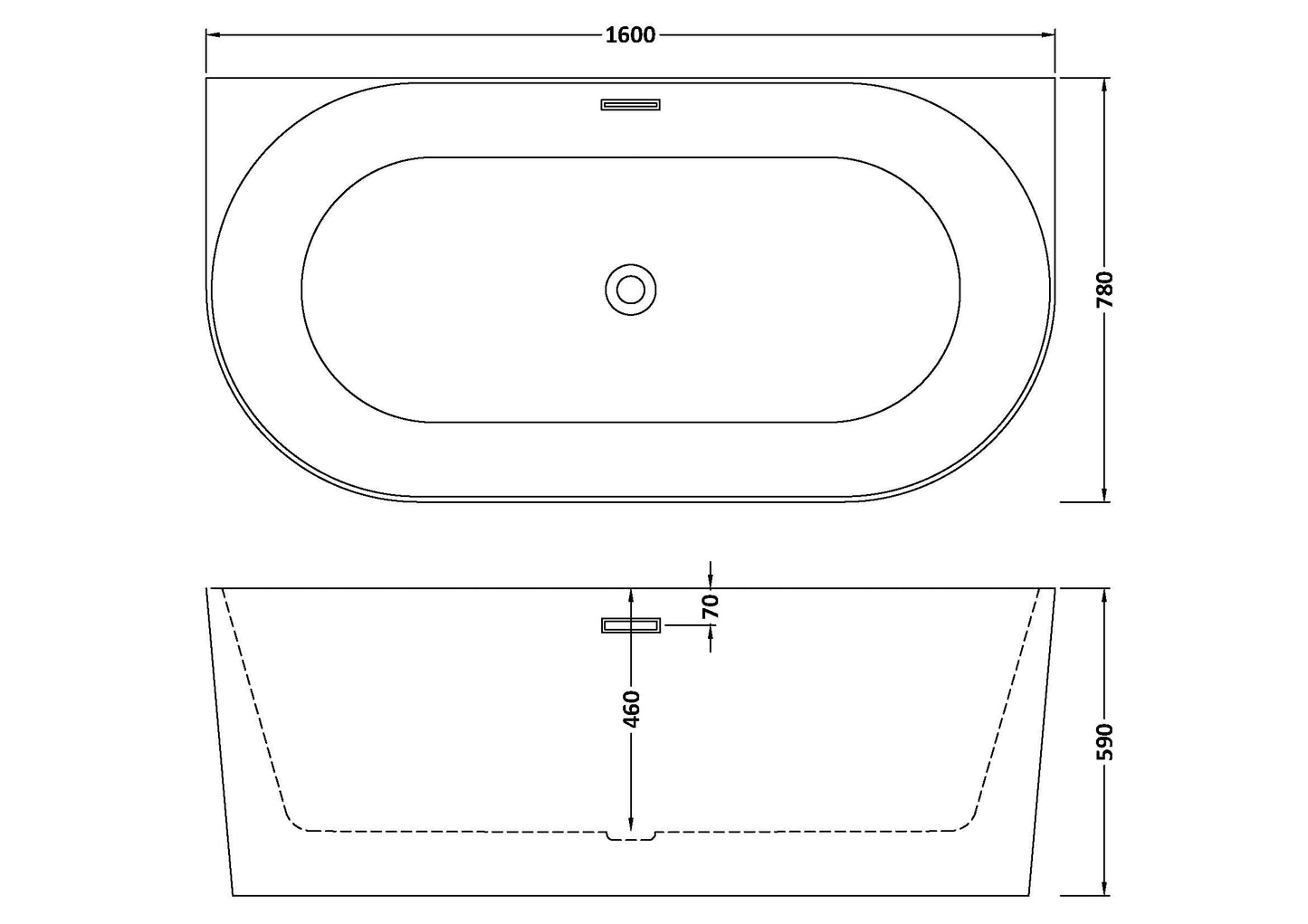 Technical drawing showing dimensions of an oval double ended bathtub, waste and overflow position and dimensions for height, width and depth are shown.