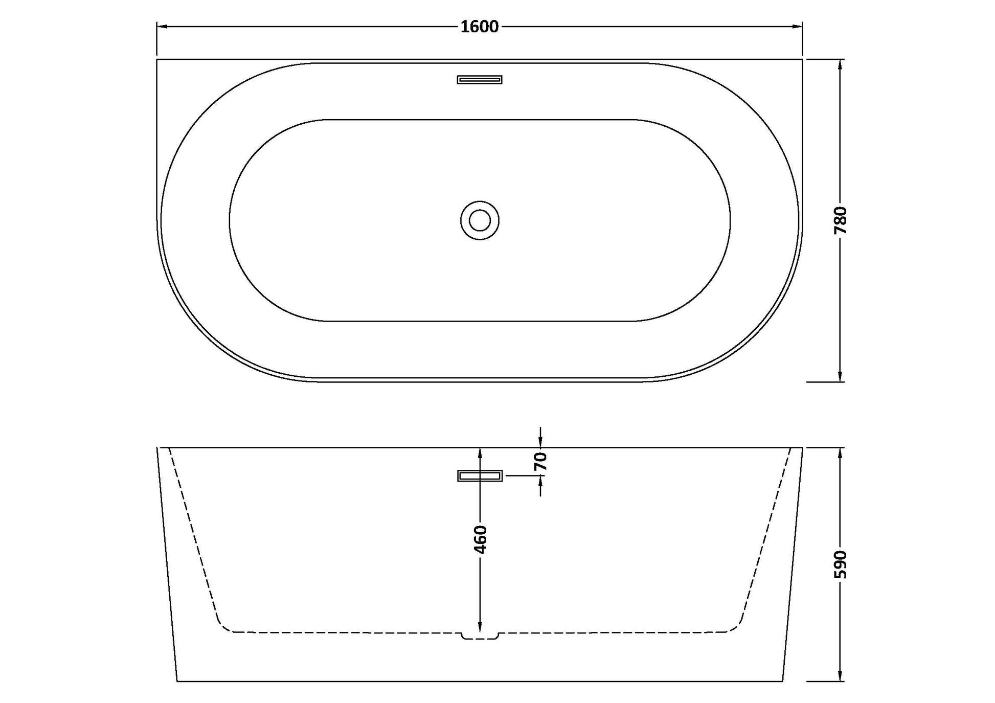 Technical drawing showing dimensions of an oval double ended bathtub, waste and overflow position and dimensions for height, width and depth are shown.