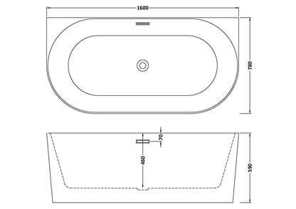 Technical drawing showing dimensions of an oval double ended bathtub, waste and overflow position and dimensions for height, width and depth are shown.
