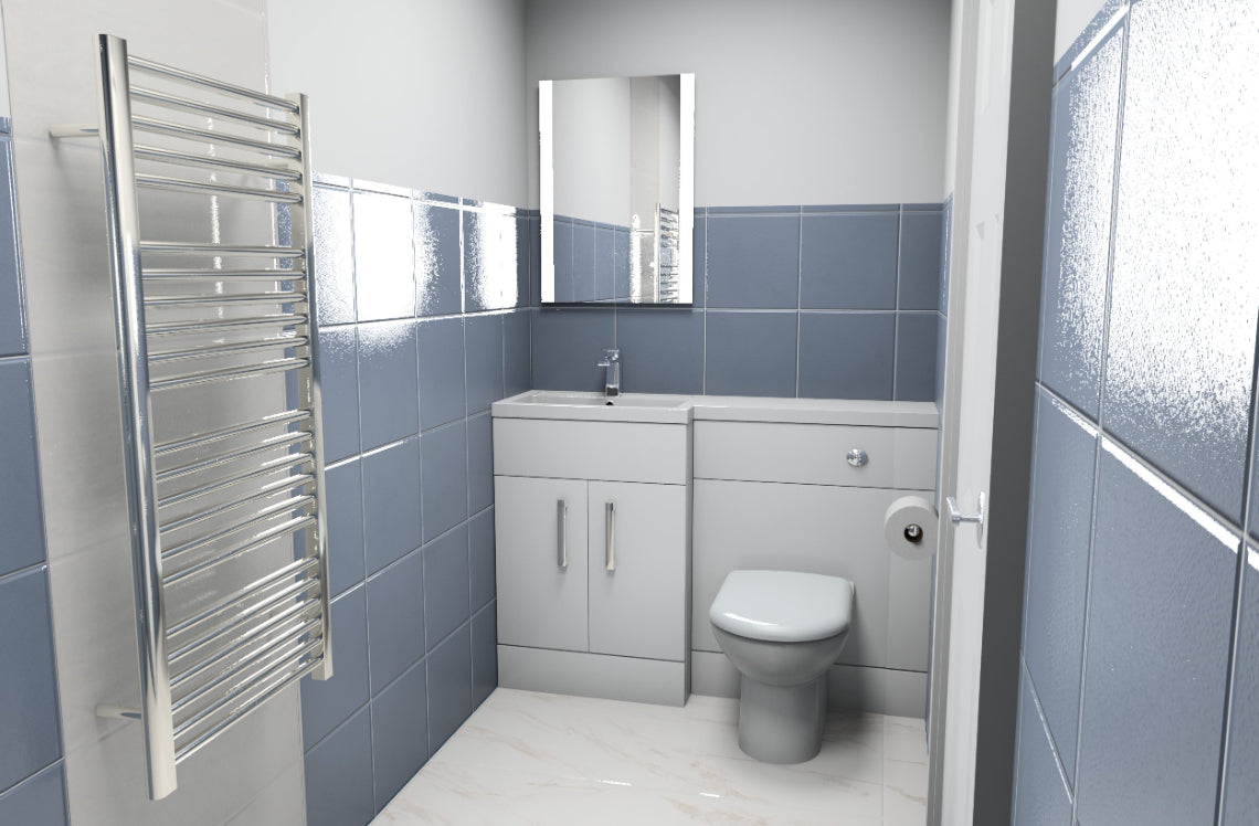 Modern bathroom with blue tiles, white fixtures, and a towel radiator.