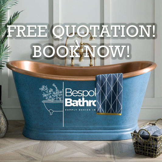 An advertisement image featuring a blue and gold bathtub with text promoting a free quotation service from Bespoke Bathrooms.