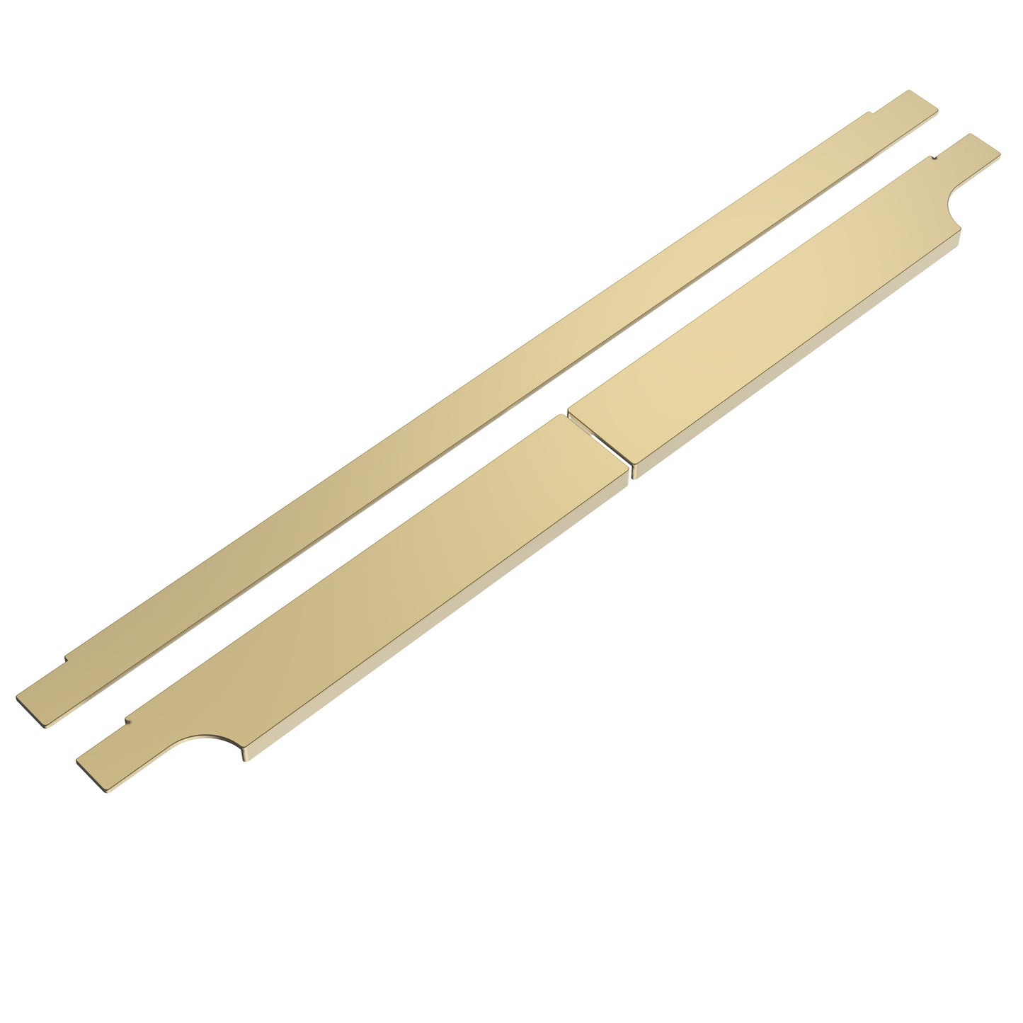 A pair of brushed brass vanity door/drawer handles and matching trim.