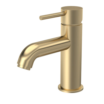 A brushed brass pillar basin tap with curved spout.
