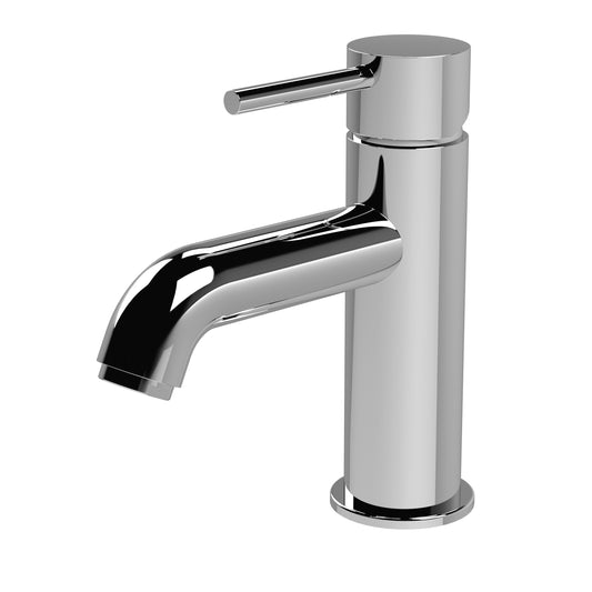 A modern silver mono basin mixer tap with a curved spout.