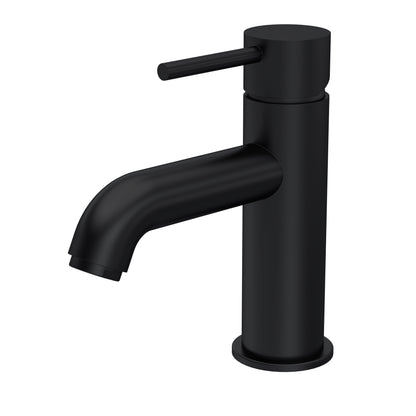 A matt black pillar tap with a curved spout.