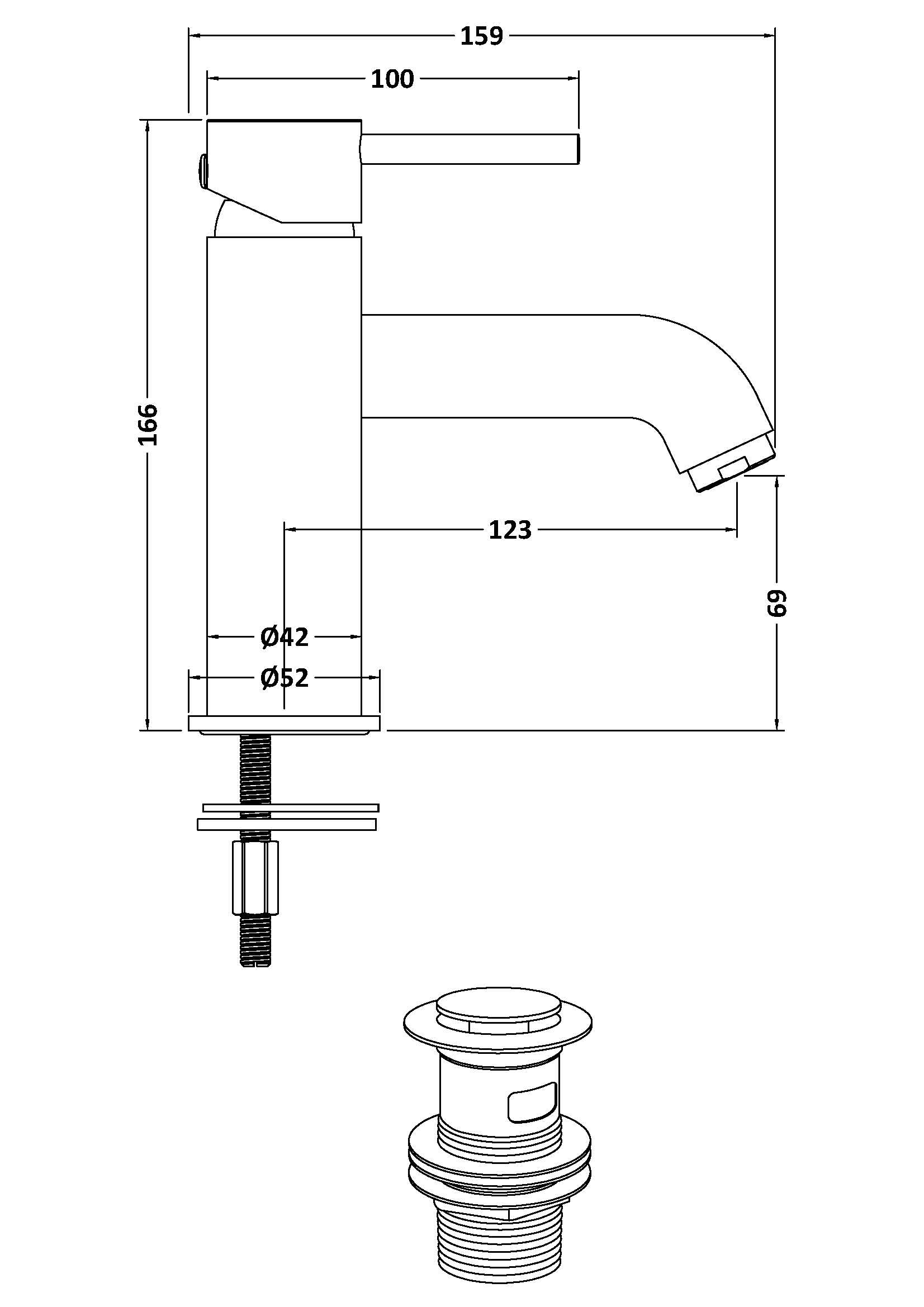 Plan of a tap showing measurements of height, deptch and width. Shows waste setup.