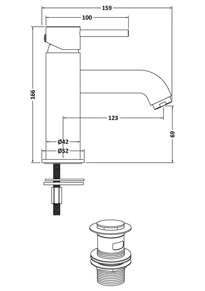 Plan of a tap showing measurements of height, deptch and width. Shows waste setup.