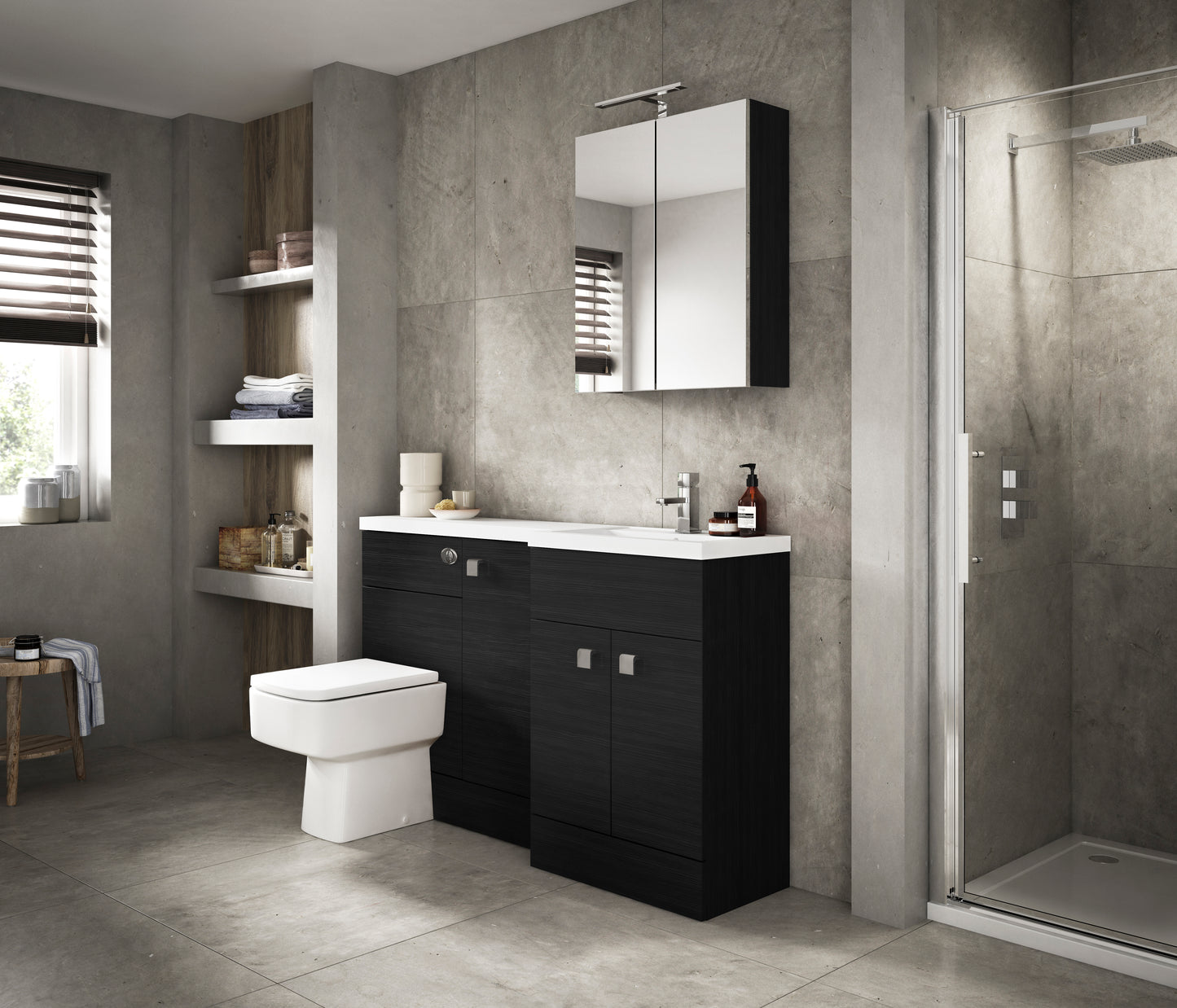 Charcoal black floor standing 2 door vanity unit with a white countertop, basin, and a mirror above it, installed in a bathroom with gray walls and flooring.