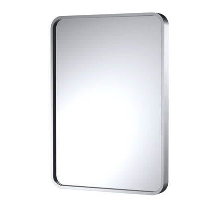 A rectangular, chrome-framed mirror with curved edges and a white reflective surface.