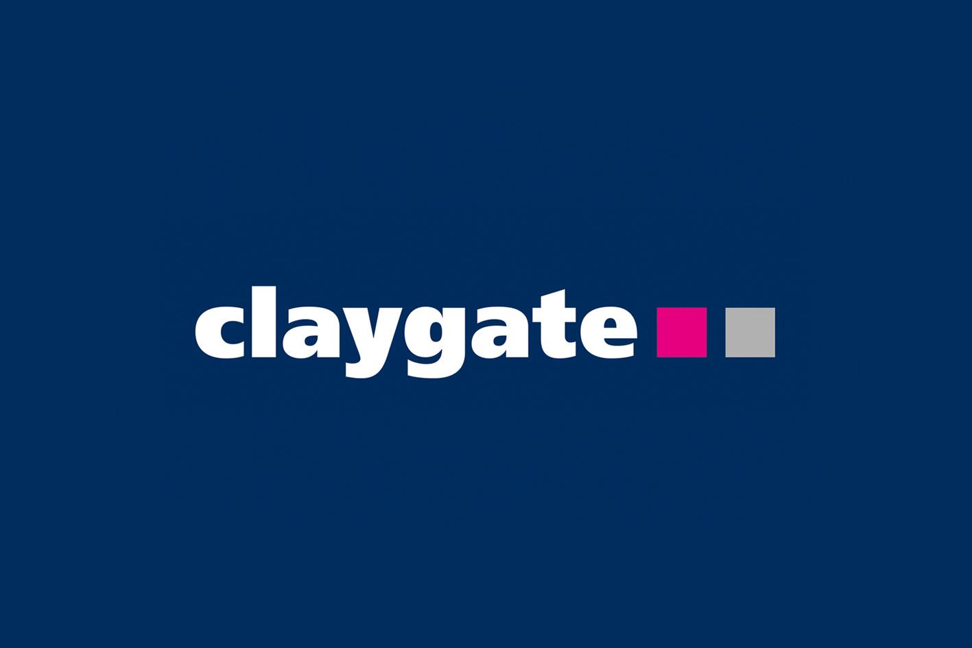 Claygate logo featuring white lettering on solid blue background