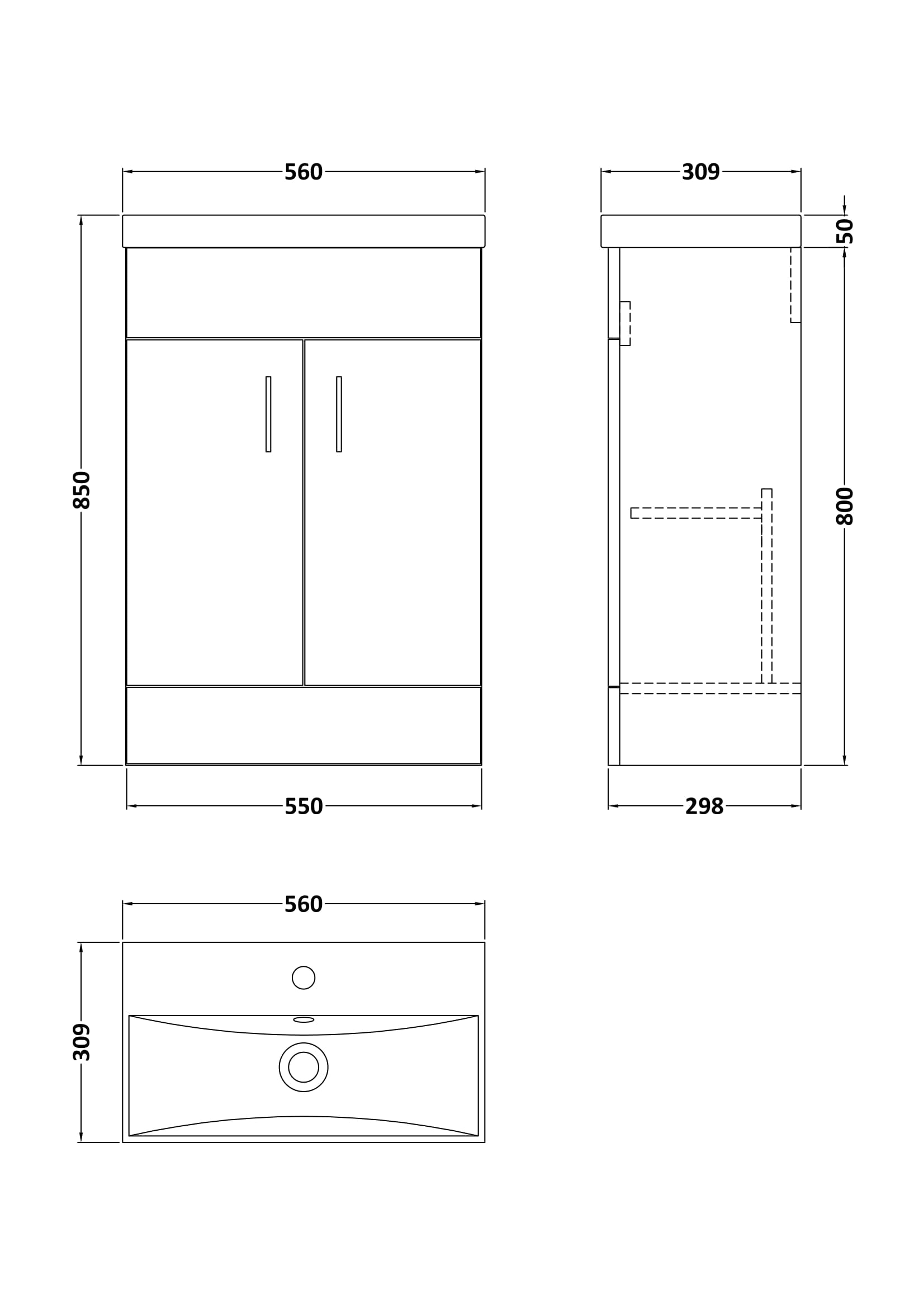 Technical drawing showing dimensions of vanity unit and basin, dimensions for height, width and depth are shown.