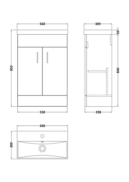Technical drawing showing dimensions of vanity unit and basin, dimensions for height, width and depth are shown.