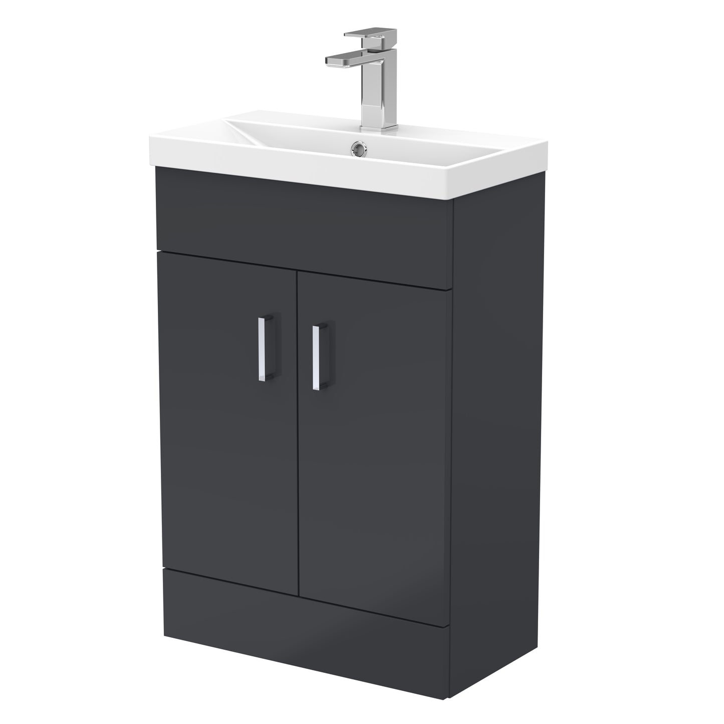 A black compact vanity unit with a thin edge basin, featuring two doors and a silver faucet.