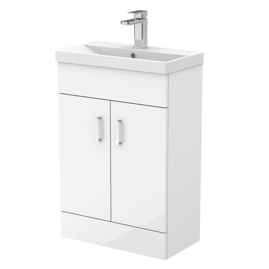 A white compact vanity unit with a thin edge basin, featuring two doors and a silver faucet.