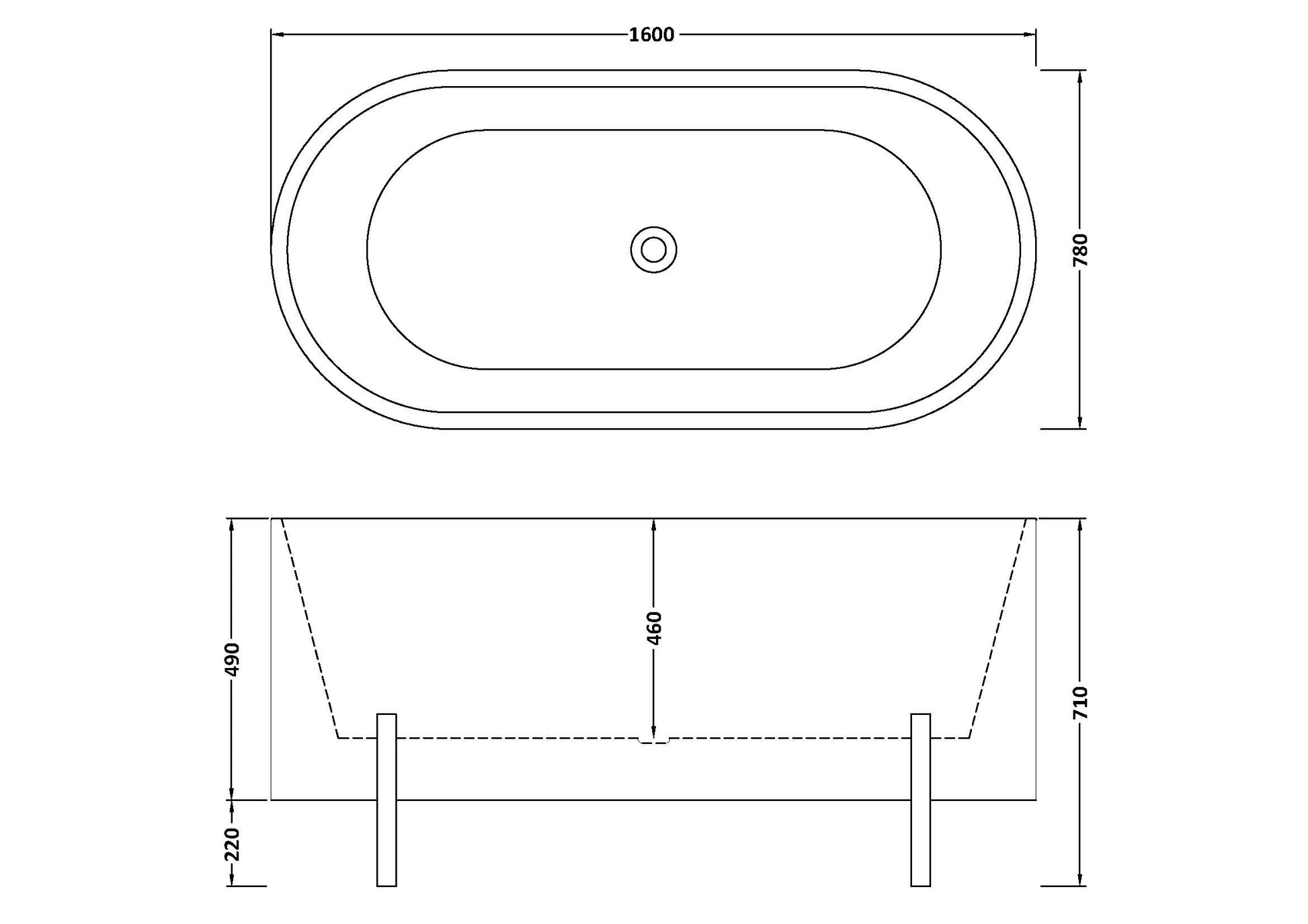 Technical drawing of a freestanding acrylic bath with dimensions and waste position.
