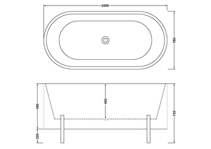 Technical drawing of a freestanding acrylic bath with dimensions and waste position.