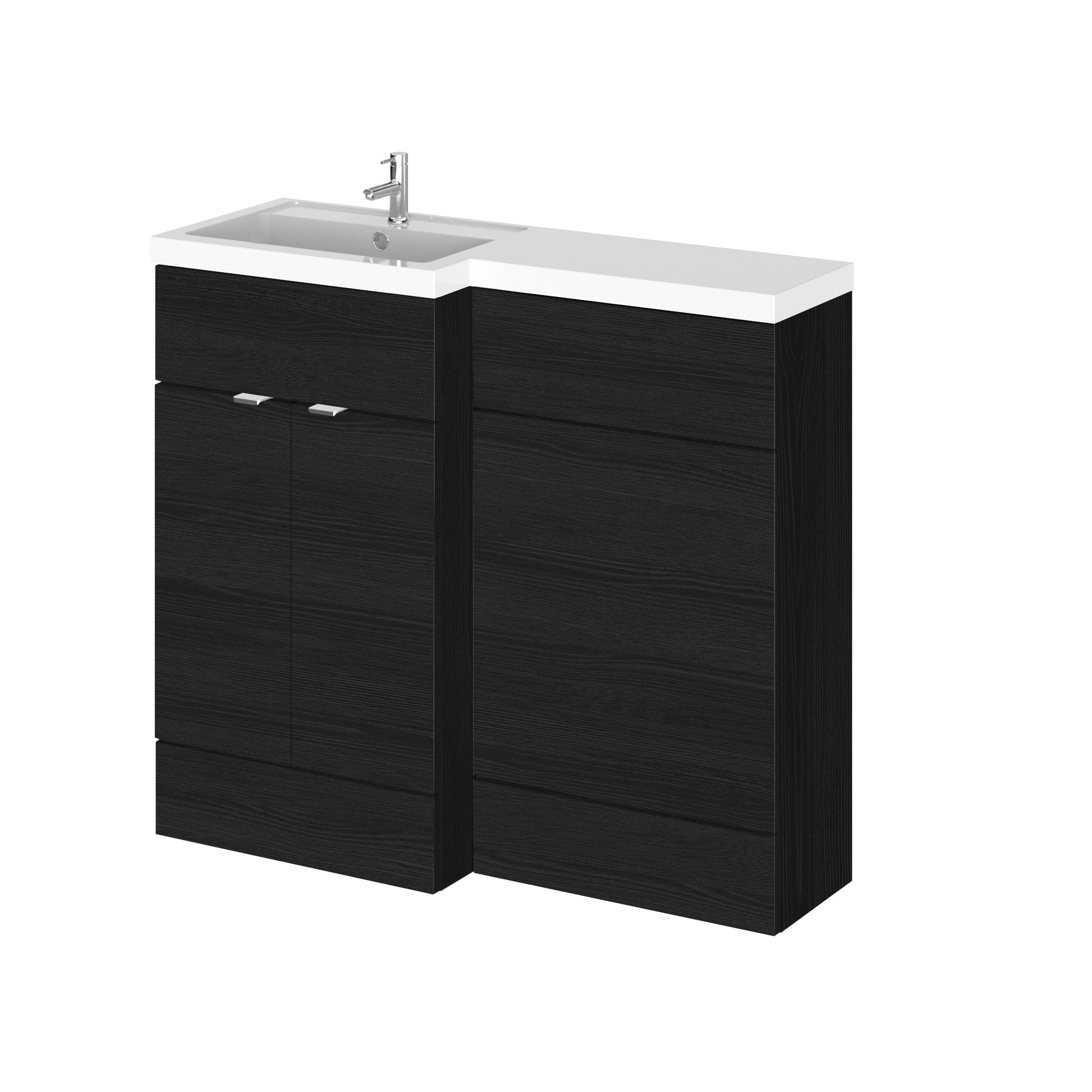Image shows a charcoal two door vanity unit and w/c unit with white countertop, worktop, basin,and chrome tap.