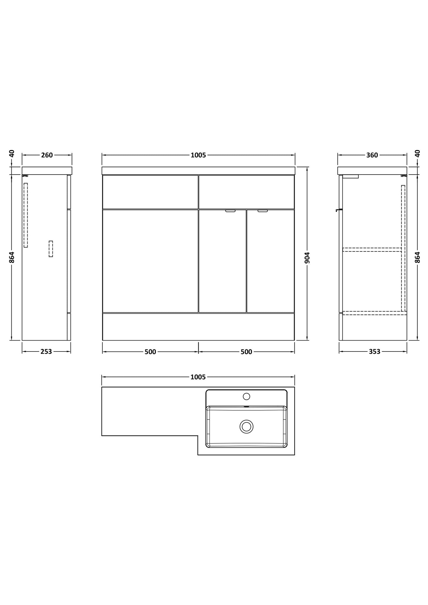Image shows a plan showing measurements of a combination bathroom furniture, showing measurements for height, width and depth.