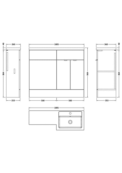 Image shows a plan showing measurements of a combination bathroom furniture, showing measurements for height, width and depth.