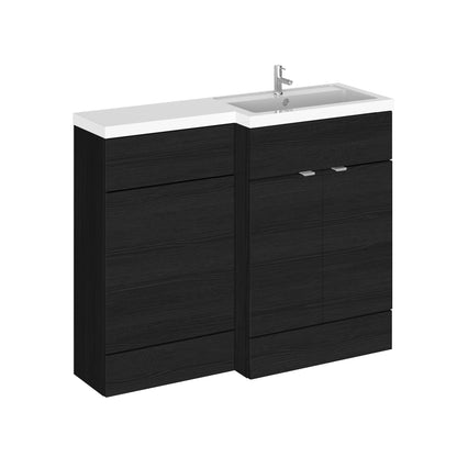 Charcoal black floor standing 2 door vanity unit with a white countertop, basin,and chrome tap.