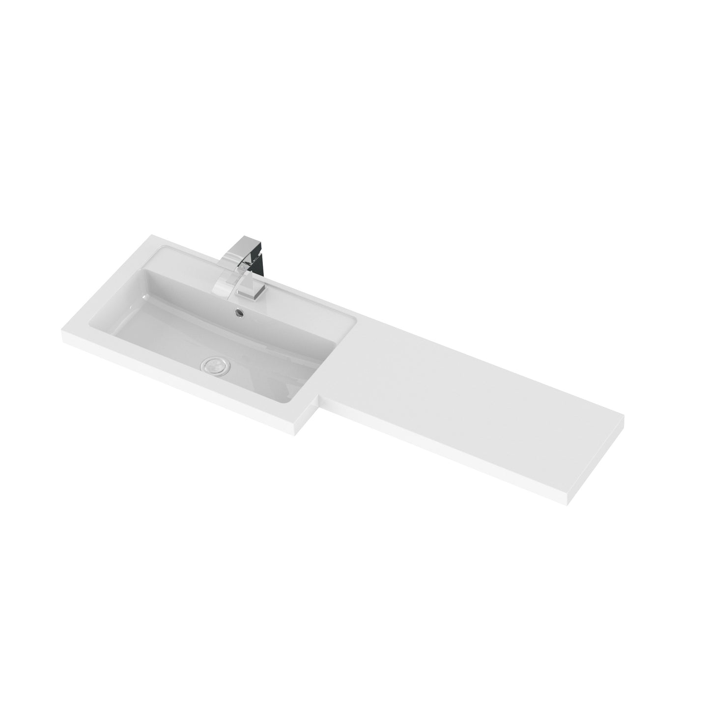 Image shows a white countertop, worktop, basin,and chrome tap.